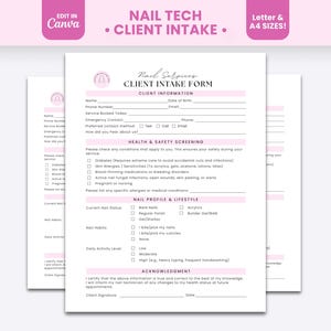 Puede incluir: Un formulario de admisión de clientes para técnicos de uñas en color blanco con detalles en rosa y texto negro. El documento incluye secciones para información del cliente, salud y seguridad, perfil de uñas y una línea de firma.