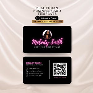 Modello di codice QR per biglietti da visita modificabili, colore rosa, per parrucchieri, estetisti, parrucche, trecce, unghie, parrucchiere, trucco, modello Canva fai da te