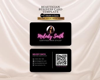 Editable Business Card QR Code Template Pink for Hair Stylists Lash Nail Braid Tech Barbers Estheticians Wig Locs Makeup Canva Template DIY