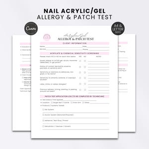 Pode incluir: Um formulário imprimível branco intitulado Nail Acrylic/Gel Allergy & Patch Test com detalhes em rosa. O documento inclui seções para informações do cliente, uma lista de verificação de sensibilidade a acrilatos e produtos químicos.