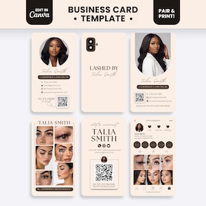 Könnte beinhalten: Ein Set aus sechs Visitenkartenvorlagen in hellem Beige mit dem Text Talia Smith, Lashed by Talia Smith und Certified Lash Tech. Die Designs enthalten runde Profilfotos, QR-Codes, Kontakt-Symbole und Bilder von Wimpern.