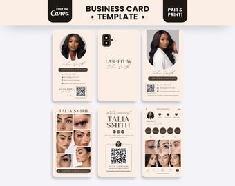 May include: A set of six business card templates in a light beige color scheme featuring the text Talia Smith, Lashed by Talia Smith, and Certified Lash Tech. The designs include circular profile photos, QR codes, contact icons, and lash imagery.