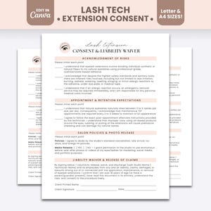 Puede incluir: Un formulario de consentimiento y exención de responsabilidad para extensiones de pestañas que incluye secciones sobre riesgos, expectativas de citas, políticas de salón y una liberación de responsabilidad con líneas para firma y fecha.