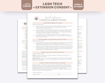 May include: A printed lash extension consent and liability waiver form featuring sections for acknowledgment of risks, appointment expectations, salon policies, and a liability release. The document includes lines for client signature and date.