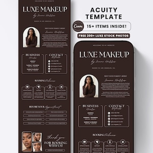 Pode incluir: Um modelo digital castanho escuro para um site de maquilhador com o texto Luxe Makeup by Imane Harris, horário de funcionamento, contactos, políticas de reserva e informações de marcação, num smartphone e num esquema vertical.
