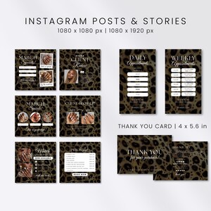 Puede incluir: Un conjunto de plantillas de marketing digital para publicaciones de Instagram, historias y tarjetas de agradecimiento con un fondo de estampado de leopardo. Los dise&ntilde;os incluyen texto para ofertas de marzo, rese&ntilde;as y citas.