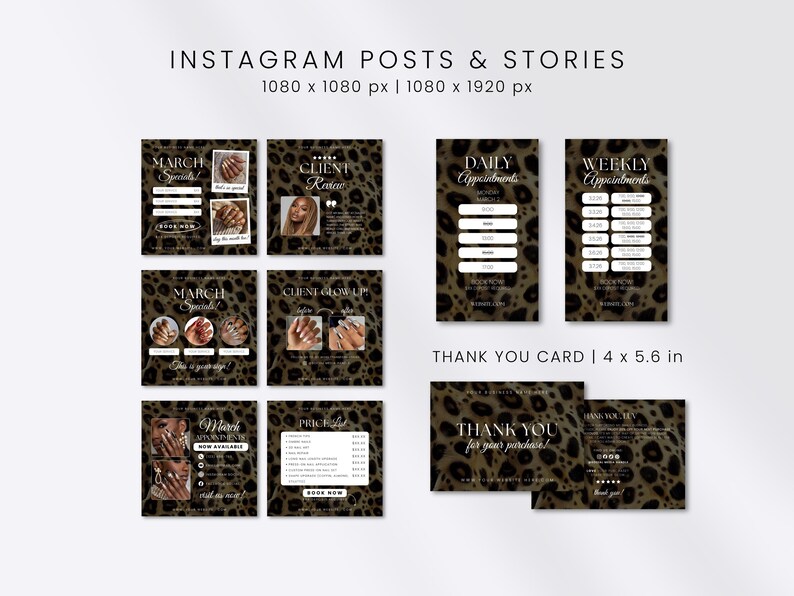 Puede incluir: Un conjunto de plantillas de marketing digital para publicaciones de Instagram, historias y tarjetas de agradecimiento con un fondo de estampado de leopardo. Los dise&ntilde;os incluyen texto para ofertas de marzo, rese&ntilde;as y citas.