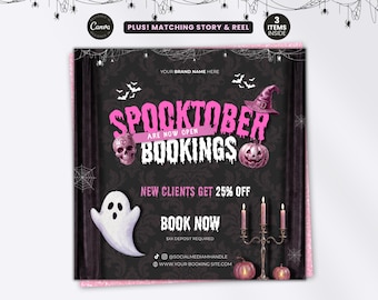 Pink Halloween October Booking Flyer Template Instagram Social Media Post Design Idea DIY for Hair Stylist Lashes Nail Artist Braid Tech MUA