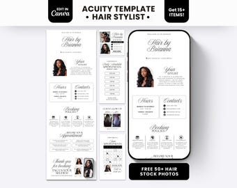 Può includere: Un modello digitale Acuity per parrucchieri con sfondo bianco e testo nero. Il layout include sezioni per Hair by Brianna, politiche di prenotazione, orari, informazioni di contatto e calendari degli appuntamenti per mobile.
