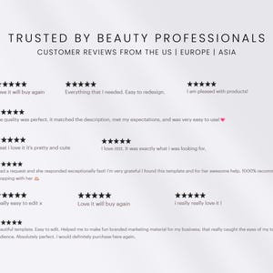 以下が含まれることがあります： TRUSTED BY BEAUTY PROFESSIONALSおよびCUSTOMER REVIEWS FROM THE US | EUROPE | ASIAというテキストが表示されたデジタル画像。評価を表す5つの黒い星のセットが11個並んでおり、さまざまな顧客レビューのコメントが添えられています。