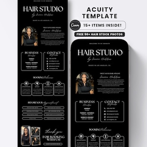 Könnte beinhalten: Eine schwarze digitale Vorlage für eine Friseursalon-Website mit weißem Text, Stylistenfoto, Geschäftszeiten, Kontaktdaten und Buchungsrichtlinien. Das Design enthält Beschriftungen für Acuity Template, 15+ Elemente und 50+ Haar-Stockfotos.