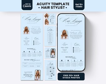May include: A light blue digital template set for a hair stylist, featuring a smartphone display and multiple vertical layout cards. The design includes elegant black typography, sections for booking policies, business hours, and contact information.