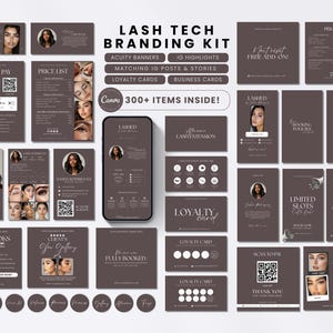 Puede incluir: Un completo kit de branding para técnicos de pestañas en tonos marrón y blanco. El kit incluye tarjetas de visita, plantillas para redes sociales, tarjetas de fidelización y más. El texto de la imagen dice "Lash Tech Branding Kit" y "¡300+ artículos dentro!"