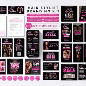 Plantilla Acuity Hair Pink Square Sitio de reservas con redes sociales Folletos digitales Guías de cuidados posteriores Tarjeta de fidelización Kit de marca para estilistas de trenzas