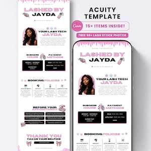 May include: A digital booking template for a lash technician business titled Lashed by Jayda, featuring a pink and white colour scheme, a photo of a person, business hours, payment methods, booking policies, and a thank you section for social media.