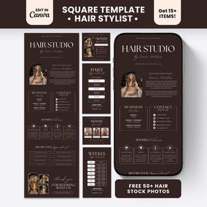 Könnte beinhalten: Ein dunkelbraunes digitales Vorlagenset für Friseure mit einer Mobiltelefonanzeige und mehreren Layout-Panels. Das Design enthält weiße Textüberschriften wie HAIR STUDIO, Geschäftszeiten, Kontaktdaten und Buchungsrichtlinien.