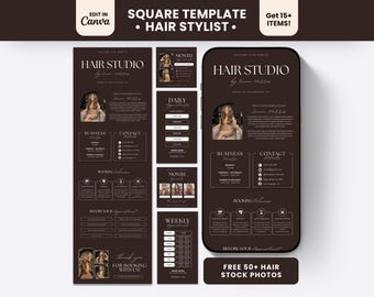 May include: A dark brown digital template set for a hair stylist, featuring a smartphone display and multiple vertical layouts. The text includes "HAIR STUDIO," "BUSINESS HOURS," "CONTACT," "BOOKING POLICIES," and "SQUARE TEMPLATE HAIR STYLIST."