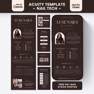 May include: A digital template set for nail technicians featuring a dark brown color scheme with white text. The layout includes a mobile phone display, a long vertical page, and smaller square panels showing business hours, contact details, booking policies, and appointment schedules with text reading Luxe Nails by Imani Hobbs.