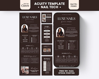 May include: A digital template set for nail technicians featuring a dark brown color scheme with white text. The layout includes a mobile phone display, a long vertical page, and smaller square panels showing business hours, contact details, booking policies, and appointment schedules with text reading Luxe Nails by Imani Hobbs.