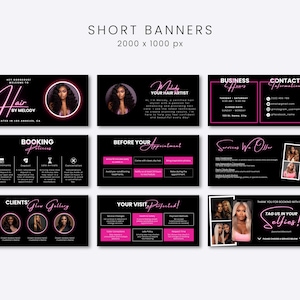 May include: A collection of black and pink short banners for a hair stylist. The banners include information about booking, services, contact details, and client photos. The text includes "Hair by Melody" and "Tag us in your selfies!"
