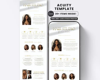 Gold Hair Stylist Acuity Scheduling Website Square Booking Banner with FAQ White Luxury Instagram Post Branding Kit Braider Wigs Extensions