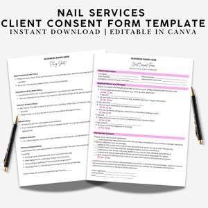 Formulaire de demande de consentement du client pour les services de manucure, Carte d'instructions pour les services de manucure, Service après-vente pour manucure, Client technique pour les ongles, Modèle canevas modifiable pour salon de beauté