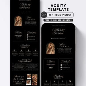 Puede incluir: Una plantilla digital negra para un salón de uñas, con el texto "Nails by Brianna" y "Acuity Template". El diseño incluye secciones para horarios, contactos, políticas de reserva y una foto de una técnica de uñas.