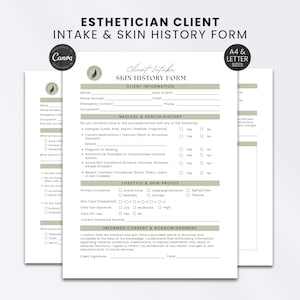 Op de afbeelding: Een Esthetician Client Intake & Skin History formulier met secties voor klantinformatie, medische geschiedenis, levensstijlprofiel en toestemmingsverklaring. Het witte papier heeft saliegroene koppen en zwarte tekst, beschikbaar in A4 en Letter.