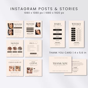 May include: A digital marketing template set for Instagram posts and stories, featuring a light beige color palette with black text. Includes layouts for monthly specials, daily and weekly appointments, price lists, client testimonials, and a 4 x 5.6 inch thank you card.