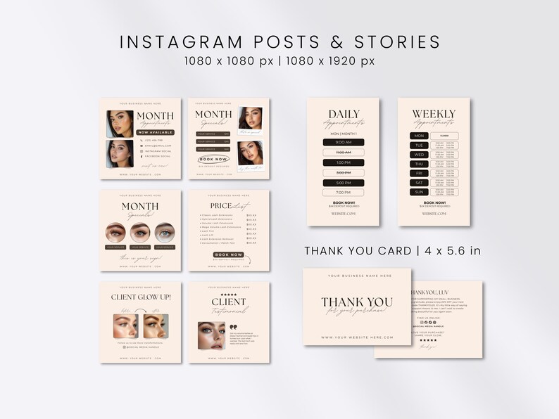 May include: A digital marketing template set for Instagram posts and stories, featuring a light beige color palette with black text. Includes layouts for monthly specials, daily and weekly appointments, price lists, client testimonials, and a 4 x 5.6 inch thank you card.