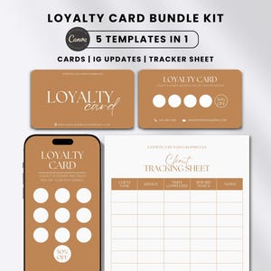 Op de afbeelding: Een bundelkit met loyaliteitskaart sjablonen, inclusief kaarten, IG-updates en een klantvolgblad. De kaarten zijn warmbruin met de tekst "Loyalty Card" in een stijlvol lettertype. Een telefoon toont een loyaliteitskaartontwerp.