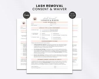 Lash Removal Consent and Waiver Canva Template Editable PDF Lash Artist Beauty Business Document Printable Client Record Form Modern Simple
