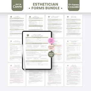 May include: A digital bundle of esthetician forms displayed on a tablet screen with a stylus, surrounded by multiple printed document pages. The forms feature text headers like Skin History Form, Waiver & Release, and Policy Agreement in pink, cream, and green color variations.