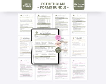 May include: A digital bundle of esthetician forms displayed on a tablet screen with a stylus, surrounded by multiple printed document pages. The forms feature text headers like Skin History Form, Waiver & Release, and Policy Agreement in pink, cream, and green color variations.