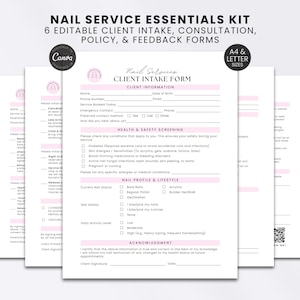 May include: A set of six editable nail service forms including client intake, consultation, policy, and feedback documents. The white pages feature black text, pink headers, and sections for client information, health screening, and nail profile.