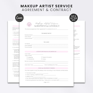 Peut inclure: Un modèle de contrat et d'accord de service pour maquilleur professionnel imprimé sur papier blanc avec du texte noir et des accents roses. Le document comprend des sections pour les informations sur l'artiste et le client, les détails de l'événement.