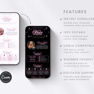 May include: Two smartphone screens displaying a customizable hair stylist website template. The left screen features a white background with pink text, while the right screen shows a black background with pink text. Both include a circular profile photo.