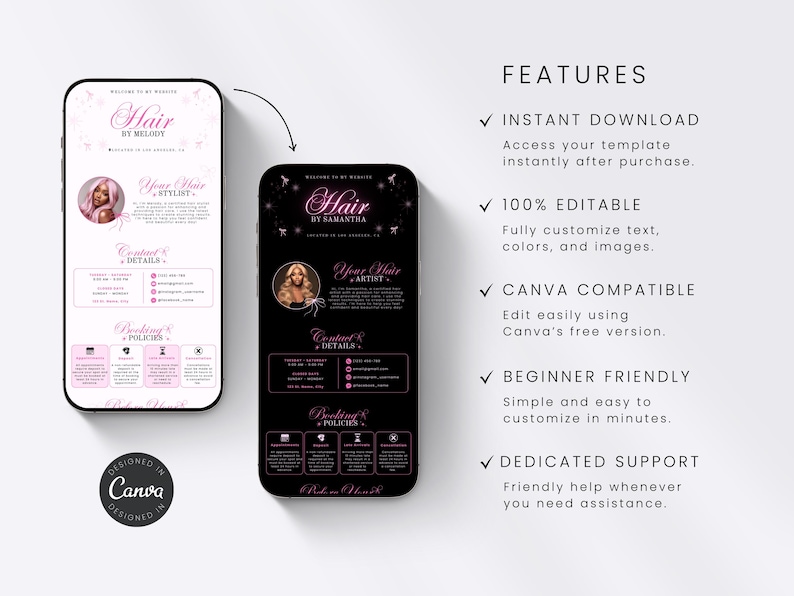 May include: Two smartphone screens displaying a customizable hair stylist website template. The left screen features a white background with pink text, while the right screen shows a black background with pink text. Both include a circular profile photo.