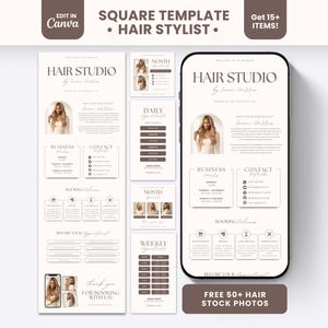 May include: A digital template set for a hair studio featuring a smartphone display and multiple vertical layout cards. The design uses a cream background with dark brown text, including headings like HAIR STUDIO, BUSINESS HOURS, and CONTACT DETAILS.