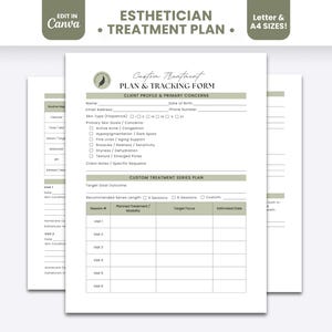 Esthetician Custom Treatment Plan and Tracking Form Client Template Record Printable Progress Monitoring Editable Skincare Medspa Tracker