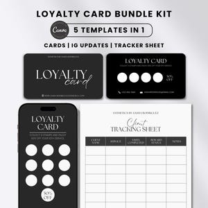 Puede incluir: Un kit de tarjetas de fidelización en blanco y negro con el texto "LOYALTY CARD BUNDLE KIT" y "5 TEMPLATES IN 1". El kit incluye tarjetas, actualizaciones de IG y una hoja de seguimiento. Las tarjetas tienen el texto "LOYALTY card" y "LOYALTY CARD".