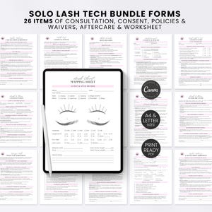 Mall för Lash Tech-klientintagsformulär Rosa kartläggningsguide Utskrivbar instruktioner för eftervård av fransförlängning Redigerbart samtyckesformulär