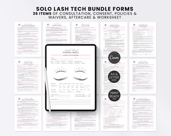 Lash Tech Client Record Intake Forms Template Pink Mapping Guide Chart Printable Lash Extension Aftercare Instructions Editable Consent Form