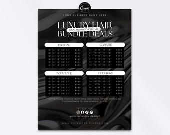 Bewerkbare prijslijstsjabloon voor haarproducten, prijslijstflyer met speciale aanbiedingen voor haarproducten, prijslijstmenu voor schoonheidssalons, aanbiedingsflyer voor pruiken, vlechten en extensions