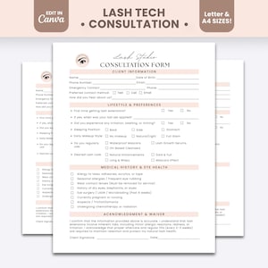 May include: A white lash studio consultation form printed on paper with light pink accents. The document includes sections for client information, lifestyle and preferences, medical history, eye health, and an acknowledgment and waiver section.