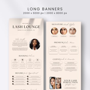 May include: Two vertical digital banners for a lash lounge featuring a light beige background, black text, and circular portraits of individuals. The text includes headings like Lash Lounge, Booking Policies, and Client Guide & Answers.