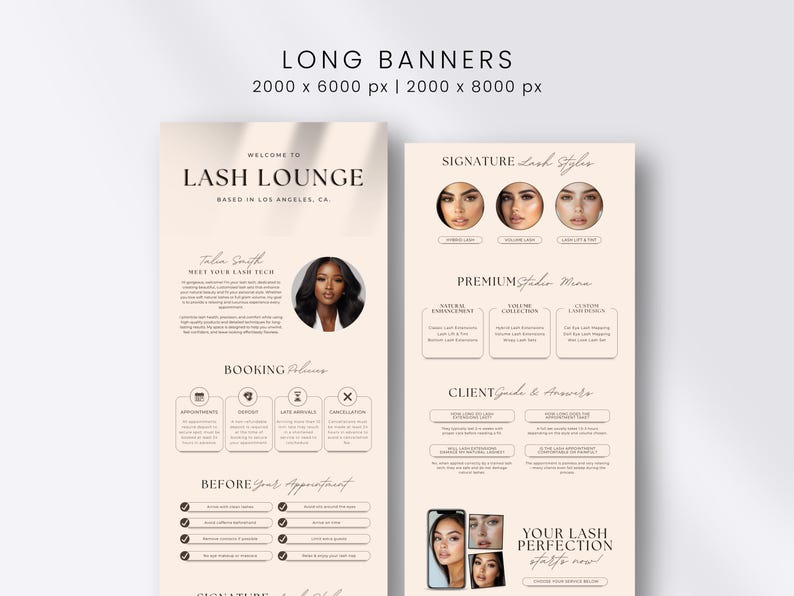 May include: Two vertical digital banners for a lash lounge featuring a light beige background, black text, and circular portraits of individuals. The text includes headings like Lash Lounge, Booking Policies, and Client Guide & Answers.