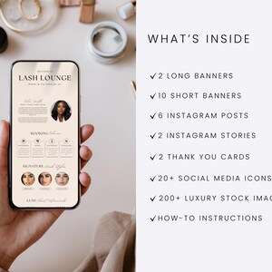 May include: A smartphone displaying a Lash Lounge digital template with text and photos, next to a list titled WHAT'S INSIDE including 2 long banners, 10 short banners, 6 Instagram posts, 2 Instagram stories, 2 thank you cards, 20+ social media icons, 200+ luxury stock images, and how-to instructions.