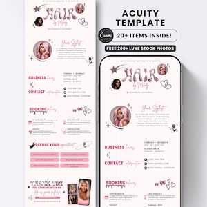 May include: Acuity template for a hair stylist business, displayed on a phone and a printout. The design features pink and white elements, including the text "HAIR by Melody" and "20+ ITEMS INSIDE!" with free stock photos.