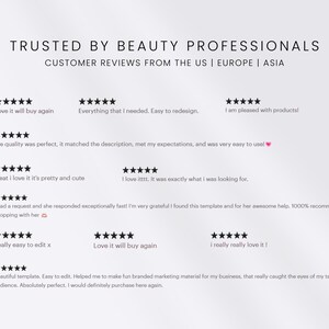 Puede incluir: Una pantalla gr&aacute;fica titulada TRUSTED BY BEAUTY PROFESSIONALS con el subt&iacute;tulo CUSTOMER REVIEWS FROM THE US | EUROPE | ASIA. Presenta once valoraciones de cinco estrellas y varios testimonios de clientes que elogian la facilidad de uso.